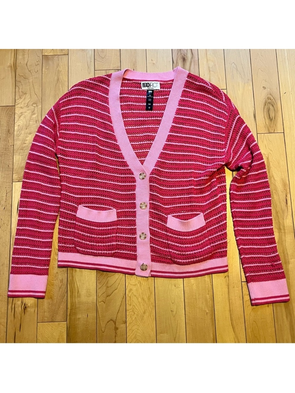 Beach Riot Gene Open Knit Cotton Cardigan Pink Striped size large - Picture 2 of 8